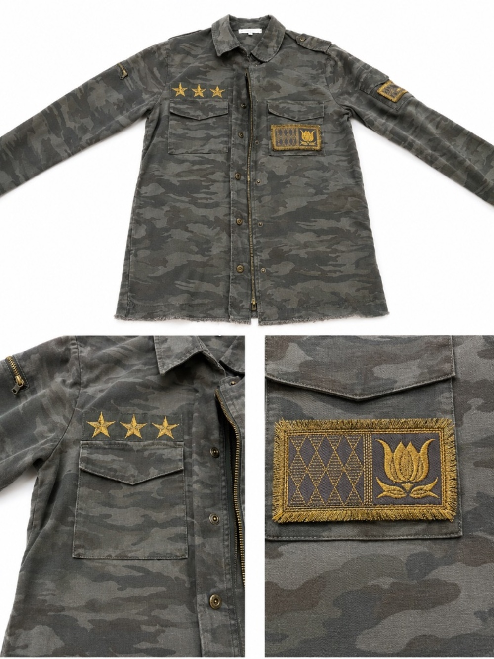 Custom black camo utility jacket (with gold stars and decorative patches)